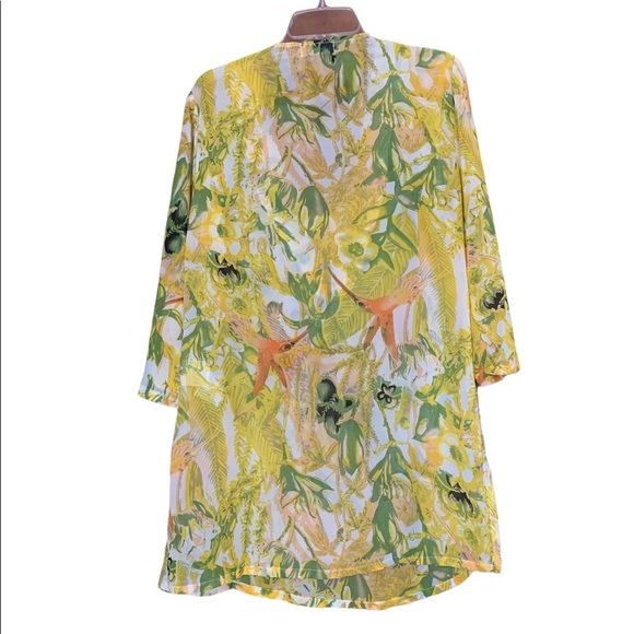 ULA Beaded Tunic Top Floral Print Yellow Green Cover Up Medium - Picture 2 of 5